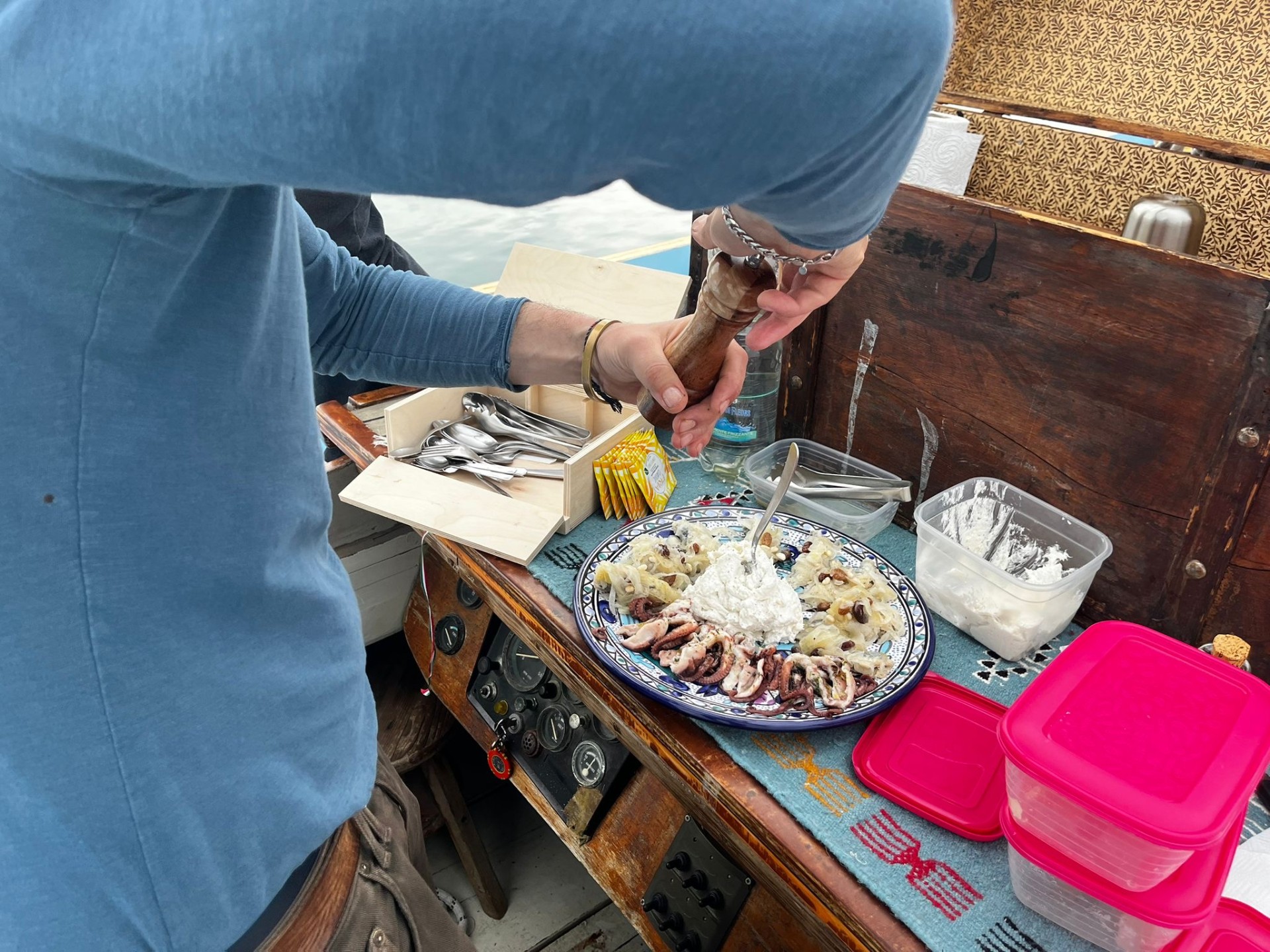Cicchetti and octopus prepared onboard